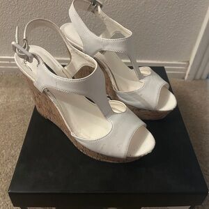 Dune London White Leather Wedge Sandals